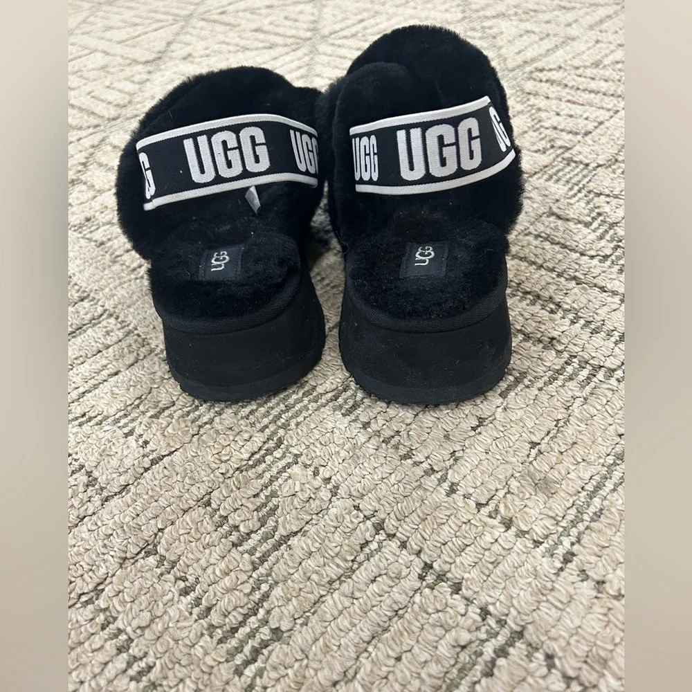 UGG Black Fluffy Slides with Logo Strap - Picture 5 of 10
